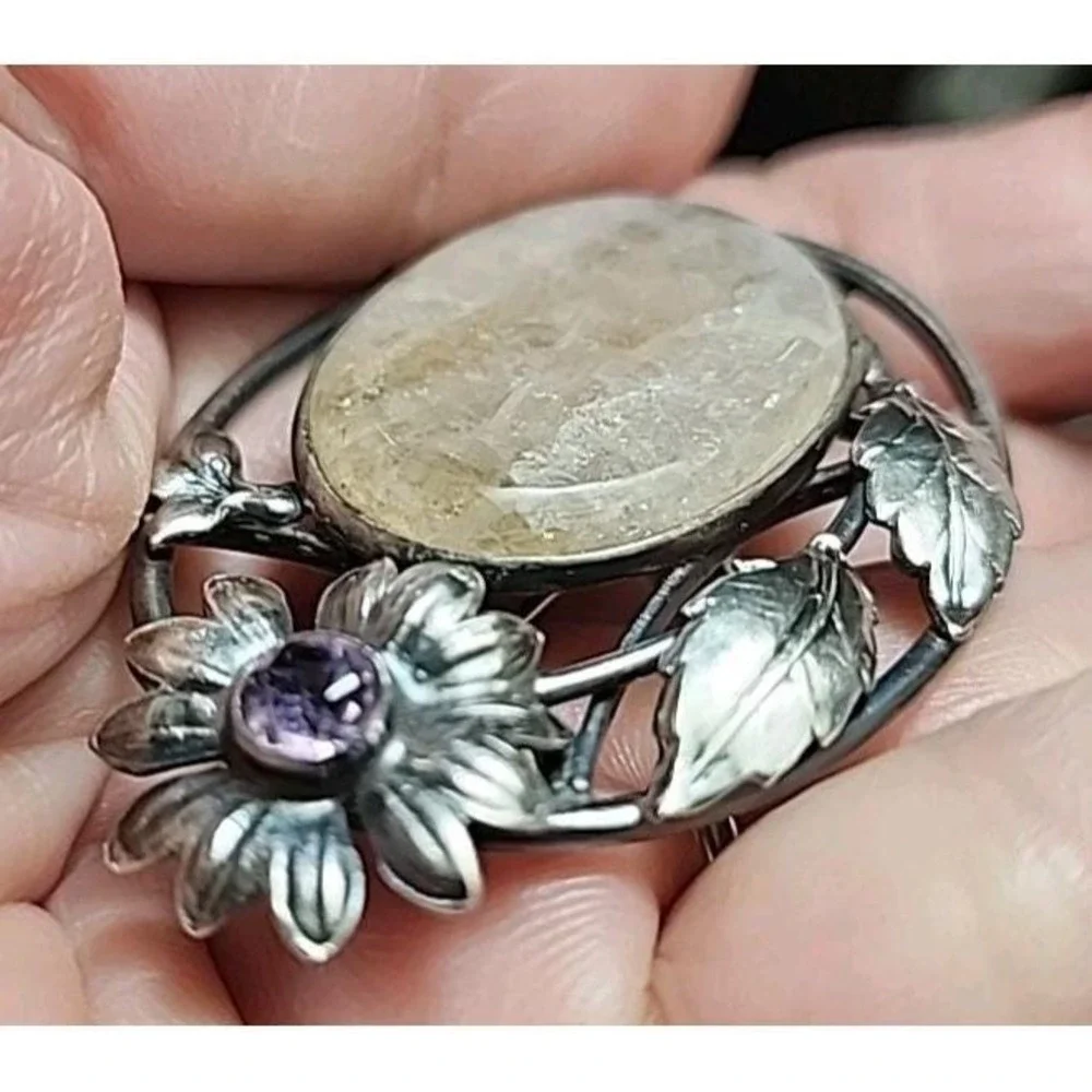 Vintage Sterling Silver Rutilated Quartz‎ Amethyst Flower Brooch Pin Floral 1.5